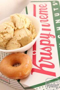 Chocolate Ice Cream Recipe by popular Utah food blog, Among the Young: image of vanilla ice cream in a white ceramic bowl next to a donut and resting on top of a Krispy Kreme donut box. | Homemade Vanilla Bean ice cream by popular Utah food blog, Among the Young: image of Krispy Kreme ice cream in a white bowl on a Krispy Kreme donut box. 