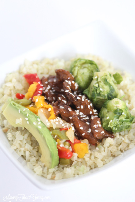 Healthy Mongolian Cauliflower Rice Bowl recipe featured by top US food blog, Among the Young