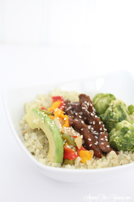 Healthy Mongolian Cauliflower Rice Bowl recipe featured by top US food blog, Among the Young