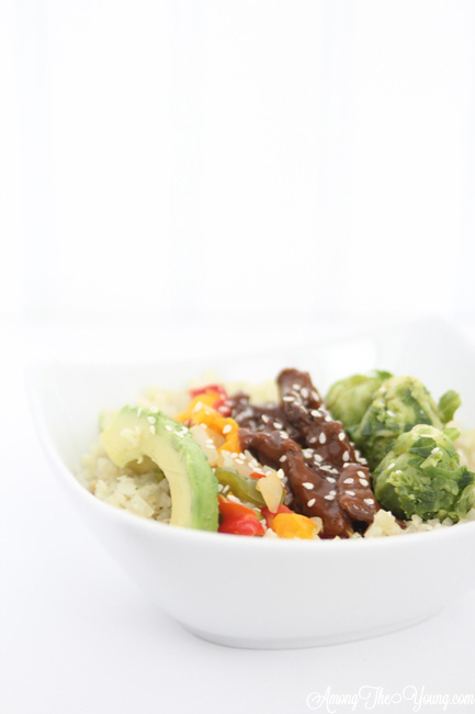 Healthy Mongolian Cauliflower Rice Bowl recipe featured by top US food blog, Among the Young