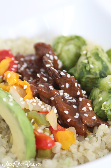 Healthy Mongolian Cauliflower Rice Bowl recipe featured by top US food blog, Among the Young