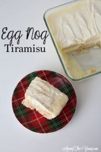 The Best Egg Nog Tiramisu featured by top Utah Foodie blog, Among the Young: image of white backdrop pin from above