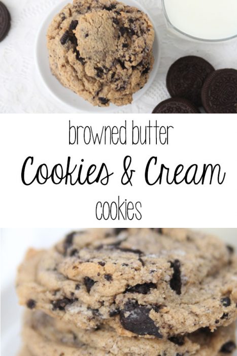 Browned Butter Cookies and Cream Cookies featured by top Utah Foodie blog, Among the Young: Long Pin | Browned Butter Chewy Cookies and Cream cookies by popular Utah food blog, Among the Young: image of browned butter cookies and cream cookies.