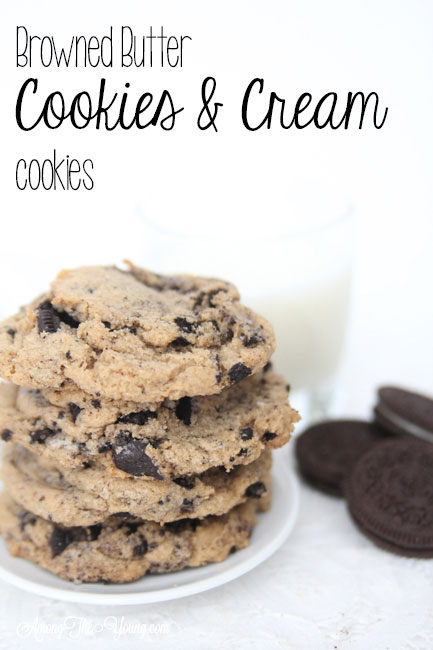 Browned Butter Cookies and Cream Cookies featured by top Utah Foodie blog, Among the Young: short PIN of Cookies | Browned Butter Chewy Cookies and Cream cookies by popular Utah food blog, Among the Young: image of browned butter cookies and cream cookies.
