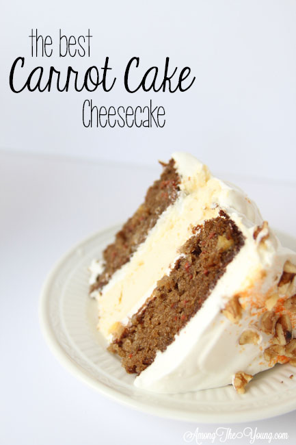 Carrot cake cheesecake cake featured by top Utah Foodie blog, Among the Young: Pin of sliced carrot cake | The Ultimate Carrot Cake Cheesecake Cake Recipe by popular US food blog, Among the Youngs: Pinterest image of carrot cake cheesecake. 