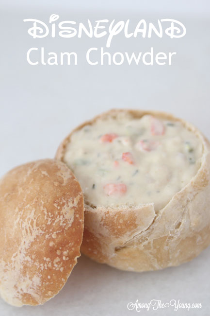 The best Disneyland Clam chowder featured by top Utah Foodie blog, Among the Young: image of clam chowder recipe PIN | Copycat Recipes: Disneyland Clam Chowder Recipe by popular Utah food blog, Among the Young: image of copycat Disneyland clam chowder in a bread bowl. 