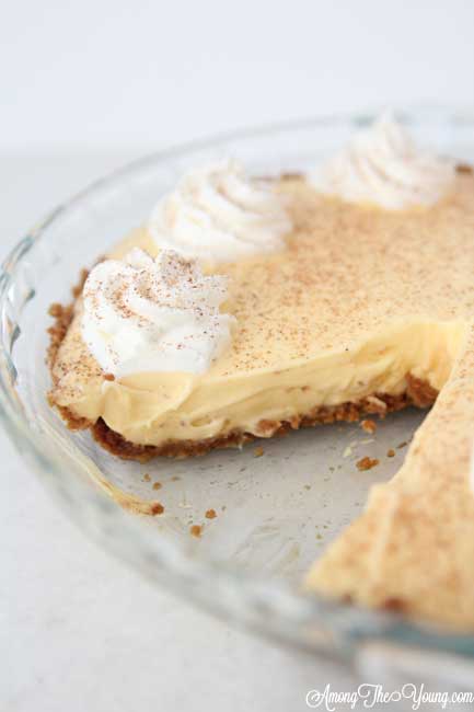 The Best Egg Nog Pie recipe featured by top Utah Foodie blog, Among the Young: image of Egg Nog Pie with Slice left out | Egg Nog Pie by popular Utah lifestyle blog, Among the Young: image of a egg nog pie. 