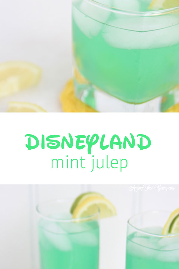 alt="The best Disneyland Mint Julep copycat recipe featured by top Utah Foodie blog, Among the Young: image of two pictures PIN | Disneyland Mint Julep Recipe by popular Utah food blog, Among the Young: Pinterest image of a Disneyland mint julep. 