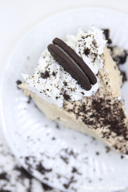 The Best easy Peanut Butter Pie recipe by top Utah Foodie blog, Among the Young: image of peanut butter pie slice from above | Easy Peanut Butter Pie Recipe by popular Utah food blog, Among the Young: a slice of peanut butter pie on white plate that's surrounded by crushed Oreos. 