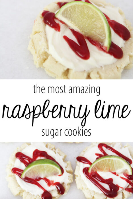 The most amazing raspberry lime sugar cookies featured by top Utah Foodie blog Among the Young: image of cookie PIN | Key Lime Raspberry Sugar Cookies by popular Utah food blog, Among the Young: Pinterest image of key lime raspberry sugar cookies.