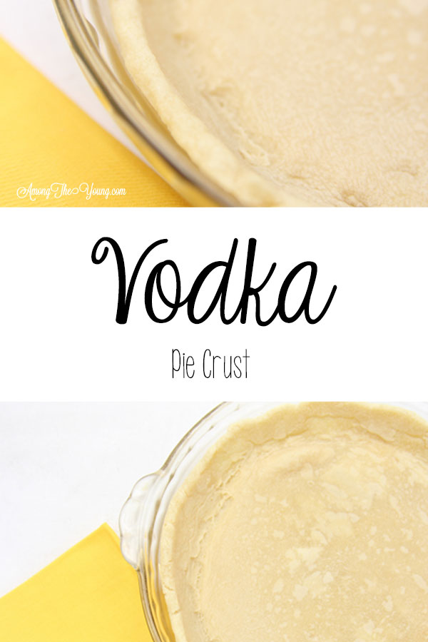 vodka pie crust recipe by top Utah Foodie Among the Young: image of Vodka Pie Crust PIN |Vodka Pie Crust Recipe by popular Utah lifestyle blog, Among the Young: Pinterest image of a vodka pie crust next to a yellow Among the young tea towel. 