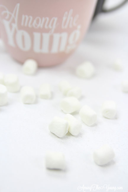 Hot chocolate recipe by top Utah Foodie Among the Young: image of marshmallows |Hot Chocolate Recipe by popular Utah lifestyle blog, Among the Young: image of mini marshmallow scattered in front of a pink mug. 