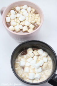 Hot chocolate recipe by top Utah Foodie Among the Young: image of two hot cocoa mugs up close