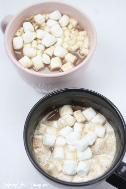 Hot chocolate recipe by top Utah Foodie Among the Young: image of two hot cocoa mugs up close |Hot Chocolate Recipe by popular Utah lifestyle blog, Among the Young: image of two mugs of hot chocolate. 