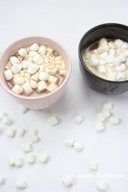 Hot chocolate recipe by top Utah Foodie Among the Young: image of hot chocolate side by side and marshmallows |Hot Chocolate Recipe by popular Utah lifestyle blog, Among the Young: image of two mugs of hot chocolate. 