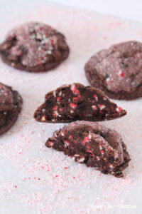 The dark chocolate peppermint cookies recipe featured by top Utah Foodie Among the Young: image of cookie cut in half