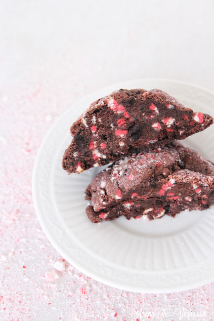 The dark chocolate peppermint cookies recipe featured by top Utah Foodie Among the Young: image of cookie in half |Chocolate Peppermint Cookies by popular Utah lifestyle blog, Among the Young: Pinterest image of chocolate peppermint cookies. 