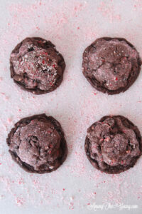 The dark chocolate peppermint cookies recipe featured by top Utah Foodie Among the Young: image of four cookies on mints