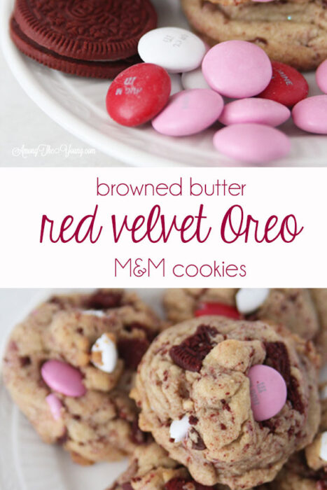 The Best Valentines browned butter cookies featured by top Utah Foodie blog Among the Young: image of red velvet oreo horizontal pin |Browned Butter Cookies by popular Utah food blog, Among the Young: Pinterest image of browned butter red velvet Oreo M&M cookies. 