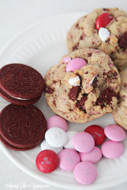 The Best browned butter cookies featured by top Utah Foodie blog Among the Young: image of cookies, oreos, and M&Ms on a plate |Browned Butter Cookies by popular Utah food blog, Among the Young: image of browned butter red velvet Oreo M&M cookies. 