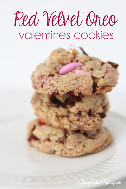 The Best Valentines Cookie featured by top Utah Foodie blog Among the Young: image of Red Velvet oreo cookies stacked PIN |Browned Butter Cookies by popular Utah food blog, Among the Young: Pinterest image of browned butter red velvet Oreo M&M cookies. 