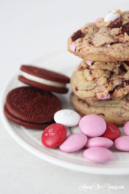 The Best Valentines Cookie featured by top Utah Foodie blog Among the Young: image of Red velvet oreos and M&Ms |Browned Butter Cookies by popular Utah food blog, Among the Young: image of browned butter red velvet Oreo M&M cookies. 