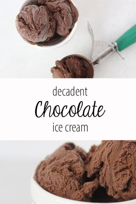 The Best Chocolate ice cream featured by top Utah Foodie blog Among the Young: image of double pin | Chocolate Ice Cream Recipe by popular Utah food blog, Among the Young: Pinterest image of chocolate ice cream in a white ceramic bowl. 