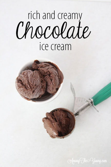 The Best Chocolate ice cream featured by top Utah Foodie blog Among the Young: image of PIN 1 | Chocolate Ice Cream Recipe by popular Utah food blog, Among the Young: image of chocolate ice cream in some white stacked ceramic bowls and a metal ice cream scoop. 
