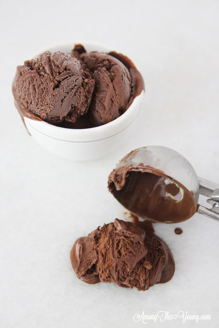 The Best Chocolate ice cream featured by top Utah Foodie blog Among the Young: image of scoop of ice cream | Chocolate Ice Cream Recipe by popular Utah food blog, Among the Young: image of chocolate ice cream in a white ceramic bowl and a metal ice cream scoop. 