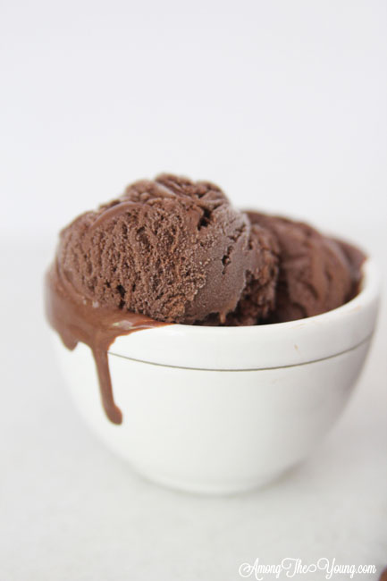 The Best Chocolate ice cream featured by top Utah Foodie blog Among the Young: image of ice cream drip | Chocolate Ice Cream Recipe by popular Utah food blog, Among the Young: image of chocolate ice cream in some white stacked ceramic bowls.