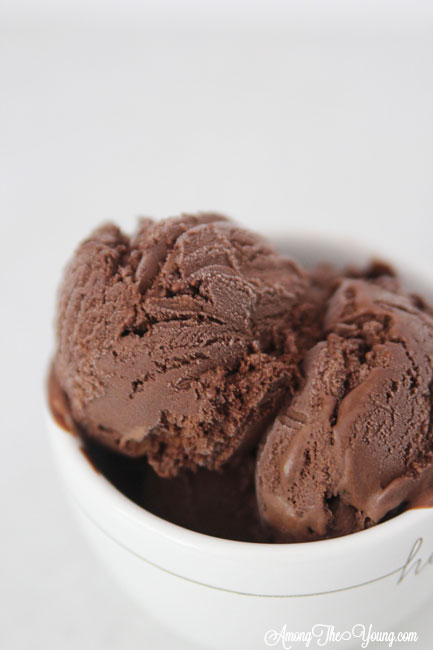 The Best Chocolate ice cream featured by top Utah Foodie blog Among the Young: image of close up ice cream | Chocolate Ice Cream Recipe by popular Utah food blog, Among the Young: image of chocolate ice cream in a white ceramic bowl. 