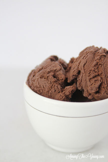 The Best Chocolate ice cream featured by top Utah Foodie blog Among the Young: image of chocolate ice cream | Chocolate Ice Cream Recipe by popular Utah food blog, Among the Young: image of chocolate ice cream in stacked white ceramic bowls. 