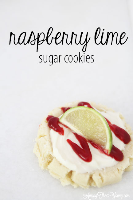 The most amazing raspberry lime sugar cookies featured by top Utah Foodie blog Among the Young: image of raspberry lime PIN | Key Lime Raspberry Sugar Cookies by popular Utah food blog, Among the Young: Pinterest image of key lime raspberry sugar cookies.